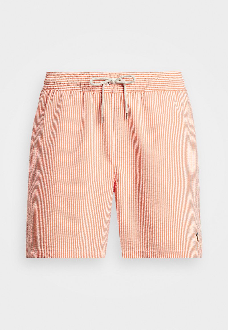 Randiga badshorts i orange och vit, med elastisk midja, snörning och sidologotyp. Lättviktsmaterial.