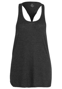 Dark gray sleeveless tank top with a scoop neckline and a racerback design. Made from soft, lightweight fabric with a relaxed fit.