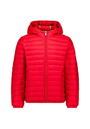 Rode donsjas met capuchon, voorzien van een ritssluiting aan de voorkant en horizontale stiksels. Gemaakt van lichtgewicht, geïsoleerd materiaal met elastische manchetten.