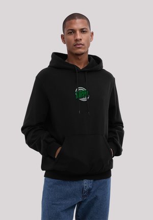 Black hoodie with a front kangaroo pocket, drawstring hood, and a green and white graphic design at the chest. Fabric appears soft.