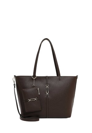 Bolso tote de cuero marrón oscuro con asas dobles, cartera frontal adjunta, herrajes plateados y correa de hombro desmontable.