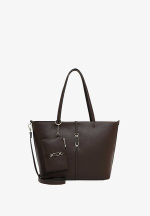 Donkerbruine leren shopper met dubbele handvatten, vooraan bevestigde portemonnee, zilverkleurige hardware en een afneembare schouderriem.
