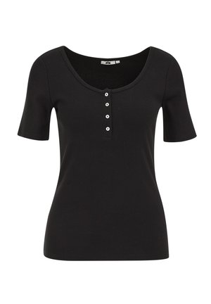 Schwarzes, geripptes Kurzarm-T-Shirt mit einem Rundhalsausschnitt und einer fünfknöpfigen Knopfleiste an der Vorderseite. Weicher Stoff mit figurbetontem Schnitt.