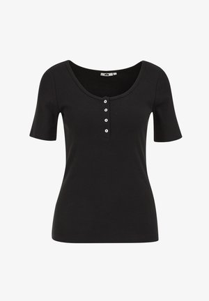 Czarny prążkowany t-shirt z krótkim rękawem, z dekoltem w serek i pięcioma guzikami z przodu. Miękka tkanina o dopasowanym kroju.