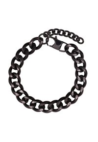 Bracciale in metallo nero con anelli intrecciati, dotato di chiusura a gabbietta e catena regolabile per la misura. Superfici lisce e textured.