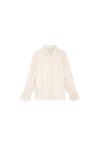 Romantisch crèmekleurig button-up blouse met een kraag, lange opgeblazen mouwen en kantdetails aan de manchetten. Glad materiaal met een klassieke pasvorm.