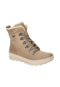 Beige Knöchelstiefel mit Kunstfellfutter, ausgestattet mit silbernem Zubehör, Schnürdesign und einer Gummisohle mit strukturiertem Profil für besseren Halt.