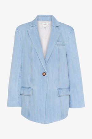 Light blue denim blazer with a single button closure, notched lapels, two front pockets, and visible stitching details.