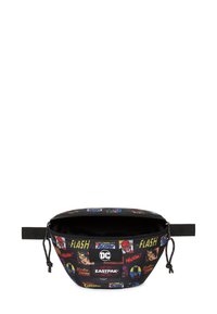 Black fanny pack featuring comic-style superhero graphics. Made from durable fabric with a zip closure and adjustable strap for secure wear.