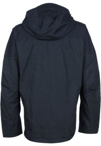 Giacca con cappuccio di colore blu navy in tessuto testurizzato, con una vestibilità leggermente ampia e cappuccio regolabile con cordino. Nessun fermo o tasche visibili.