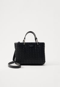 Black woven leather handbag with double top handles and a detachable shoulder strap. Features sleek silver hardware and a rectangular shape.