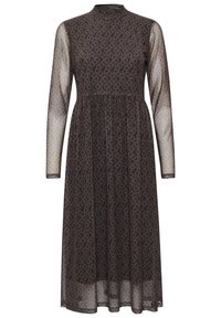 Langärmliges, hochgeschlossenes Kleid aus durchscheinendem schwarzem Stoff mit einem braunen abstrakten Muster, ausgestattet mit einem taillierten Oberteil und einem fließenden Rock.