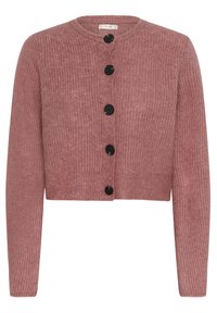 Rövidített kardigán puha rózsaszín kötött anyagból, kerek nyakkal és öt fekete gombbal középen, hosszú ujjakkal.