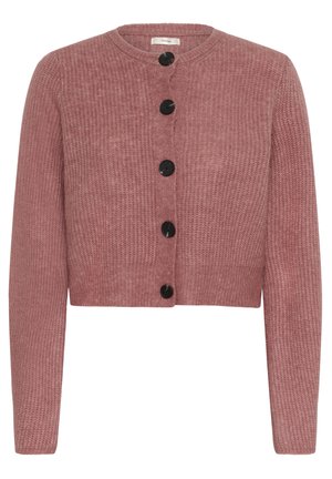 Cropped cardigan in soft pink knit fabric, featuring a round neck and five black buttons down the center, with long sleeves.