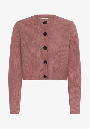 Geknipte cardigan van zacht rozerood breiwerk, met een ronde hals en vijf zwarte knopen in het midden, met lange mouwen.