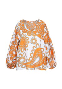 Blusa bianca con grandi motivi floreali arancioni e blu, maniche lunghe a sbuffo e scollatura ampia; realizzata in un tessuto leggero.