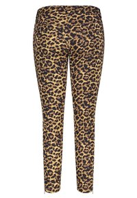 Jeans skinny de estampado de leopardo en una mezcla de algodón, con un patrón negro y marrón en toda la prenda, cinco bolsillos y cremalleras en los tobillos.