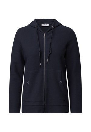 Navy blue zip-up hoodie made of cotton blend fabric, featuring a drawstring hood, front pockets, and ribbed hem and cuffs.