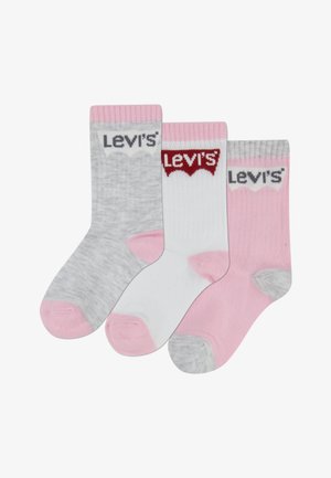Kolm paari sokke: hallid roosade detailidega, valged roosa varbaga ja heleroosad. Kõikidel on mansetil "Levi's" logo.