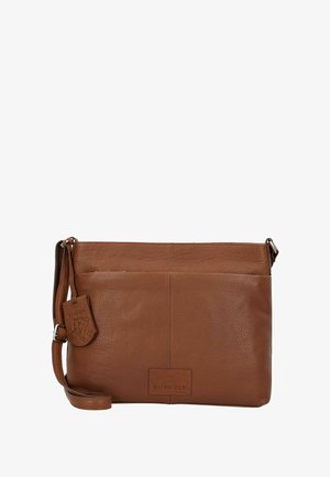 Borsa a tracolla in pelle marrone con tracolla regolabile, tasca frontale e etichetta in pelle con logo Burkely embossato.