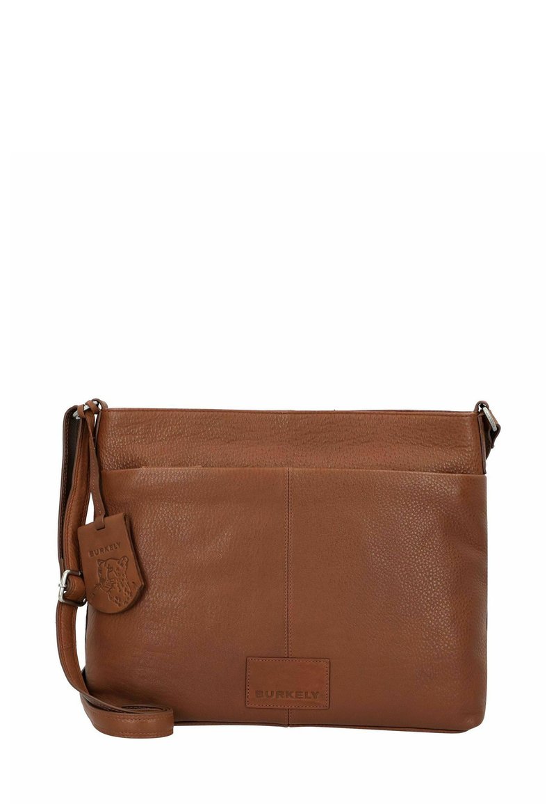 Borsa a tracolla in pelle marrone con tracolla regolabile, tasca frontale e etichetta in pelle con logo Burkely embossato.