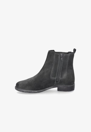 Schwarze Wildleder-Stiefeletten mit runder Spitze, seitlichem Reißverschluss und kurzem Blockabsatz, die eine glatte Textur und ein sauberes Design aufweisen.