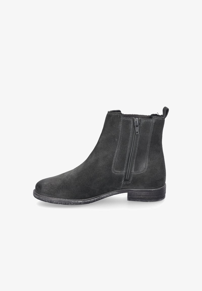 Czarne zamszowe botki za kostkę z zaokrąglonym noskiem, zamkiem błyskawicznym z boku i krótkim obcasem blokowym, charakteryzujące się gładką teksturą i schludnym wzornictwem.