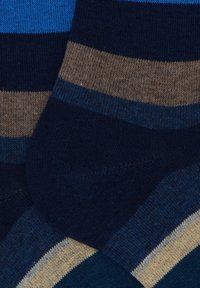 Calzini in miscela di cotone con strisce orizzontali in diverse tonalità di blu, marrone e navy. Tessuto morbido con rinforzo nella cucitura del tallone e delle punte.