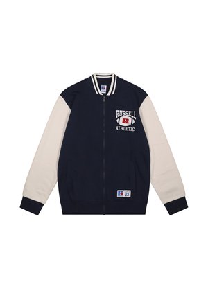 Giacca varsity blu navy e bianca con zip, con logo "Russell Athletic" sul petto e toppa con numero 23 vicino all'orlo.