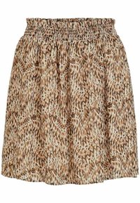 Kort mönstrad kjol med elastisk midja. Har en blandning av bruna och beige toner med en flödande design och lättviktig tyg.