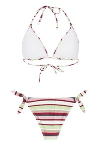Conjunto de bikini a rayas que presenta un top triangular blanco con acentos en verde, rosa y granate, y una parte inferior a juego con lazos laterales y rayas horizontales.