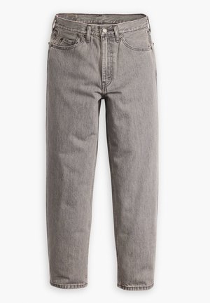Gray denim jeans with a high waist, straight leg design, subtle fading, five pockets, and metal button closure.