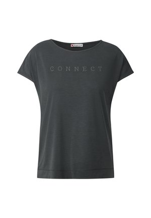 Camiseta de manga corta gris oscuro con un corte holgado, que presenta la palabra "CONNECT" en pequeños strass en la parte frontal. Textura de tela suave.