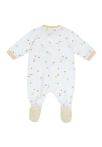 Long-sleeve baby romper in light blue cotton with sun, rainbow, and ice cream prints. Features beige trim and footed design.