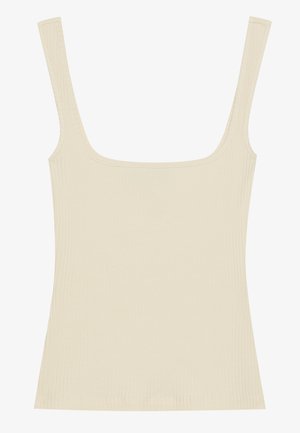 Geribbelde tanktop in lichtbeige, met een vierkante halslijn en dunne schouderbandjes, gemaakt van een zachte en rekbare stof.