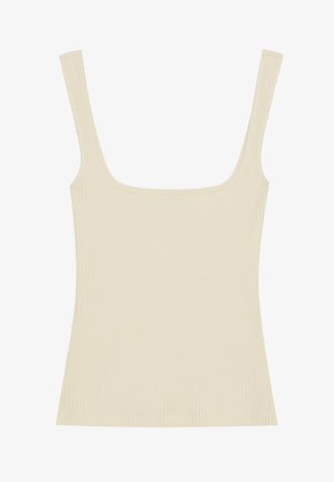 Rippentop in hellem Beige mit quadratischem Ausschnitt und dünnen Trägern, aus weichem und elastischem Material gefertigt.