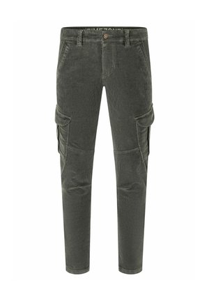 Grüne Corduroy-Cargo-Hosen im Slim-Fit-Stil, mit mehreren seitlichen Taschen und einem Knopfverschluss, aus strukturiertem Stoff und mit schmal zulaufendem Bein.