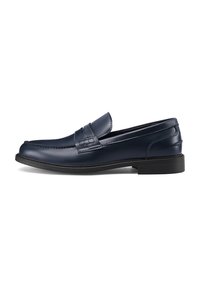 Mocassini in pelle blu navy con finitura liscia, caratterizzati da un design con cuciture rialzate e punta arrotondata. Suola in gomma nera per una migliore aderenza.