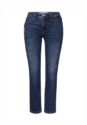 Dark blue denim jeans with a slim fit, featuring front pockets, a button closure, and subtle distressing near the knees.