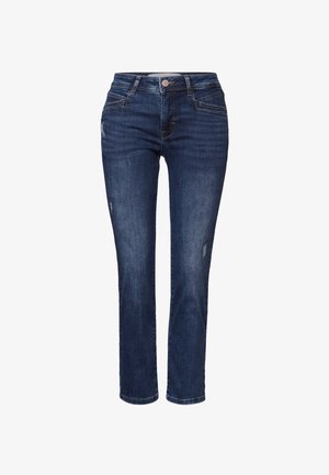 Dunkelblaue Denim-Jeans mit schmaler Passform, ausgestattet mit Fronttaschen, einem Knopfverschluss und dezenten Abriebstellen in der Kniebereich.