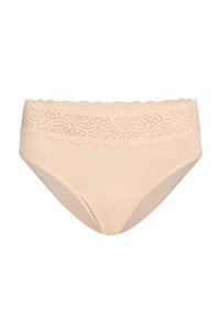 Culotte de bikini beige avec bordure en dentelle, au corps lisse, comportant un motif en dentelle ondulée le long de la ceinture. Texture de tissu douce, couverture modérée.