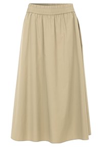 Beige rok tot op de knie met een elastische tailleband. Gladde textuur, uitlopende vorm en eenvoudige zoom zonder extra versieringen.
