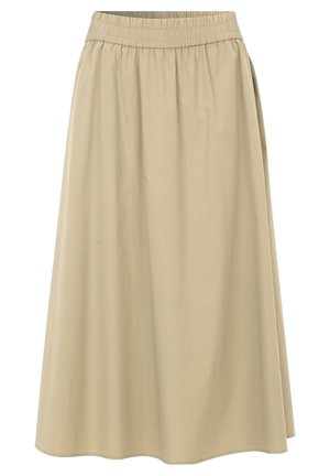 Beige, knielanger Rock mit elastischem Bund. Glatte Textur, ausgestellte Form und schlichte Saumlinie ohne zusätzliche Verzierungen.