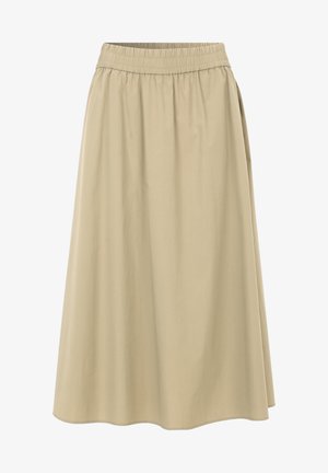 Beige knælang nederdel med elastisk talje. Glat struktur, svajet design og enkel kant uden yderligere udsmykninger.
