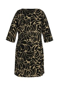 Robe midi à motifs floraux noirs et beiges, avec des manches trois-quarts et un col rond.