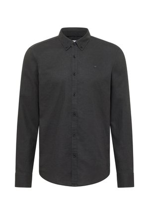 Czarna koszula z długim rękawem, zapinana na guziki, z kołnierzykiem zapinanym na guziki i małym haftowanym logo na lewej piersi.