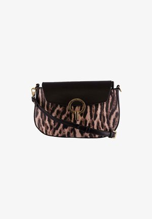 Borsa a tracolla con stampa leopardata, flap nero liscio, hardware dorato e tracolla regolabile. Tessuto testurizzato con un design elegante.