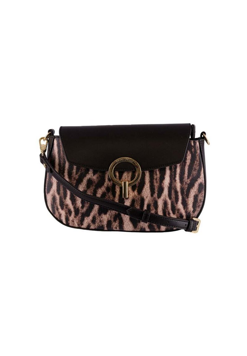 Borsa a tracolla con stampa leopardata, flap nero liscio, hardware dorato e tracolla regolabile. Tessuto testurizzato con un design elegante.