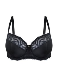 Czarny stanik z koronkowym wykończeniem na miseczkach, gładkim materiałem, wsparciem drucianym i regulowanymi ramiączkami. Akcent w postaci centralnego pierścienia.