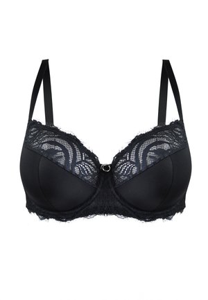 Czarny stanik z koronkowym wykończeniem na miseczkach, gładkim materiałem, wsparciem drucianym i regulowanymi ramiączkami. Akcent w postaci centralnego pierścienia.